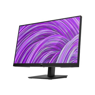 Een computermonitor toont een weergave met golvende paarse en witte patronen. De monitor staat op een zwarte standaard.