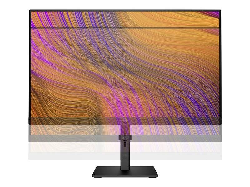 Een computerscherm met een oranje-paars, golvend achtergrondpatroon. Het scherm is in hoogte verstelbaar.