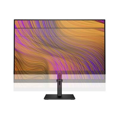 Een computerscherm met een oranje-paars, golvend achtergrondpatroon. Het scherm is in hoogte verstelbaar.