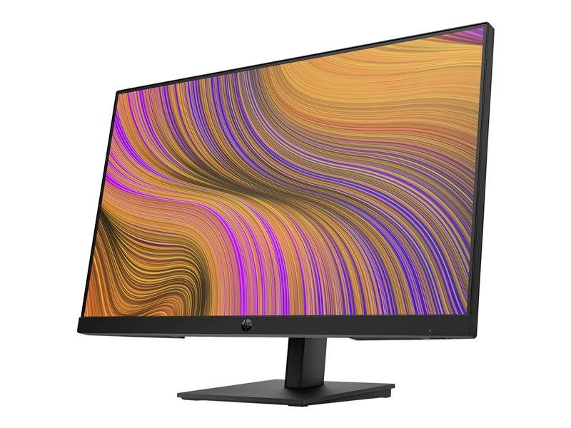 Een monitor met een dynamisch, golvend, oranje-paars patroon op het scherm. Hij staat op een zwarte voet.