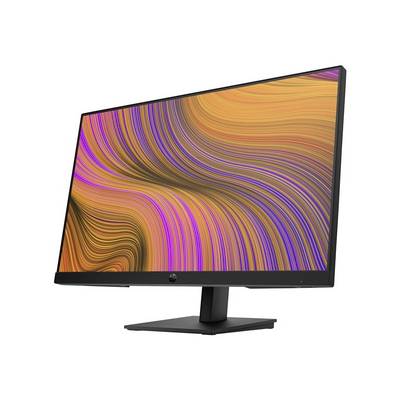 Een monitor met een dynamisch, golvend, oranje-paars patroon op het scherm. Hij staat op een zwarte voet.