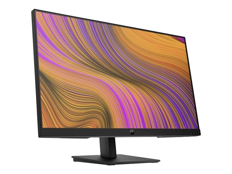 Een computerscherm met levendige, kleurrijke golvende patronen op het display. De voet is zwart.