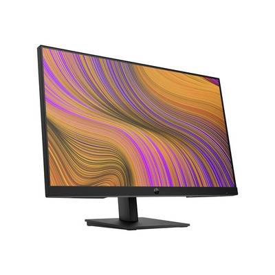 Een computerscherm met levendige, kleurrijke golvende patronen op het display. De voet is zwart.