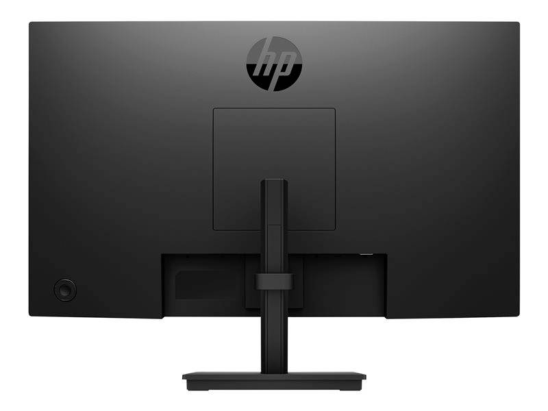 Achteraanzicht van een zwarte computermonitor met in hoogte verstelbare standaard en het logo van een fabrikant bovenaan in het midden.