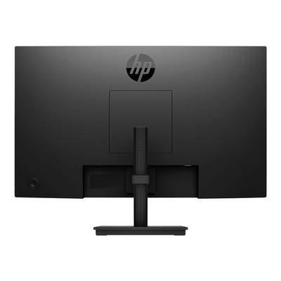 Achteraanzicht van een zwarte computermonitor met in hoogte verstelbare standaard en het logo van een fabrikant bovenaan in het midden.