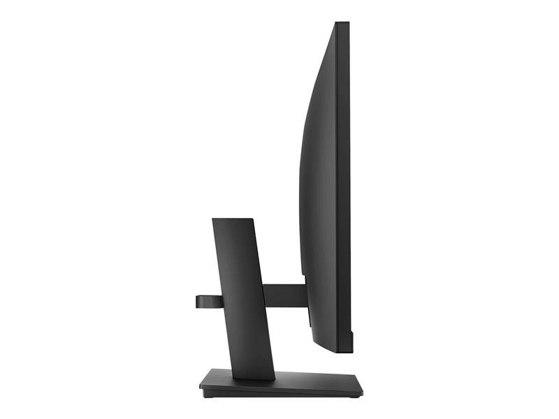 Zijaanzicht van een moderne, zwarte computerscherm met een slanke vormgeving op een brede voet.
