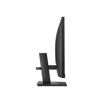 Zijaanzicht van een moderne, zwarte computerscherm met een slanke vormgeving op een brede voet.