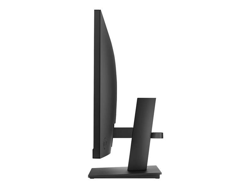 Een zwart computerscherm wordt van opzij getoond. Het slanke ontwerp en de rechte standaard zijn zichtbaar.