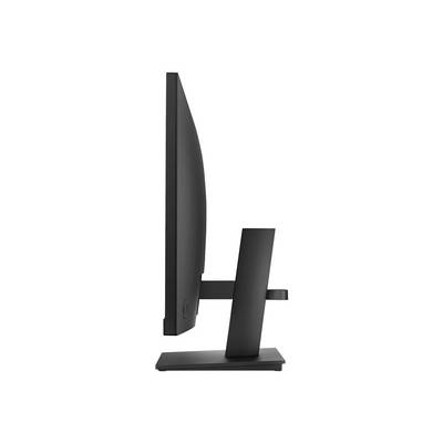 Een zwart computerscherm wordt van opzij getoond. Het slanke ontwerp en de rechte standaard zijn zichtbaar.