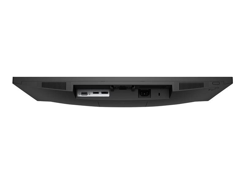 Achterkant van een monitor met zichtbare aansluitingen: HDMI, DisplayPort, USB en netstroomaansluiting. Slanke, moderne vormgeving.