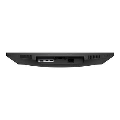 Achterkant van een monitor met zichtbare aansluitingen: HDMI, DisplayPort, USB en netstroomaansluiting. Slanke, moderne vormgeving.