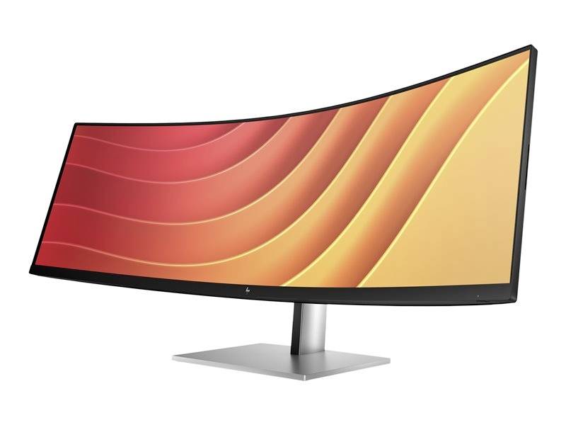 Een ultrabreed, gebogen scherm met een kleurverloop van rood naar geel, gemonteerd op een zilveren standaard.