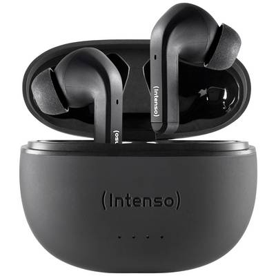Zwarte draadloze in-ear koptelefoon van het merk Intenso in het laadhoesje, geopend en klaar voor gebruik.