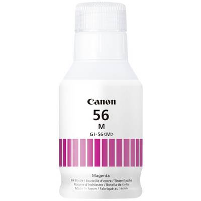 Inktfles voor Canon-printer, model GI-56M, met magenta inkt. Fles heeft een witte dop en bevat 135 ml inkt.