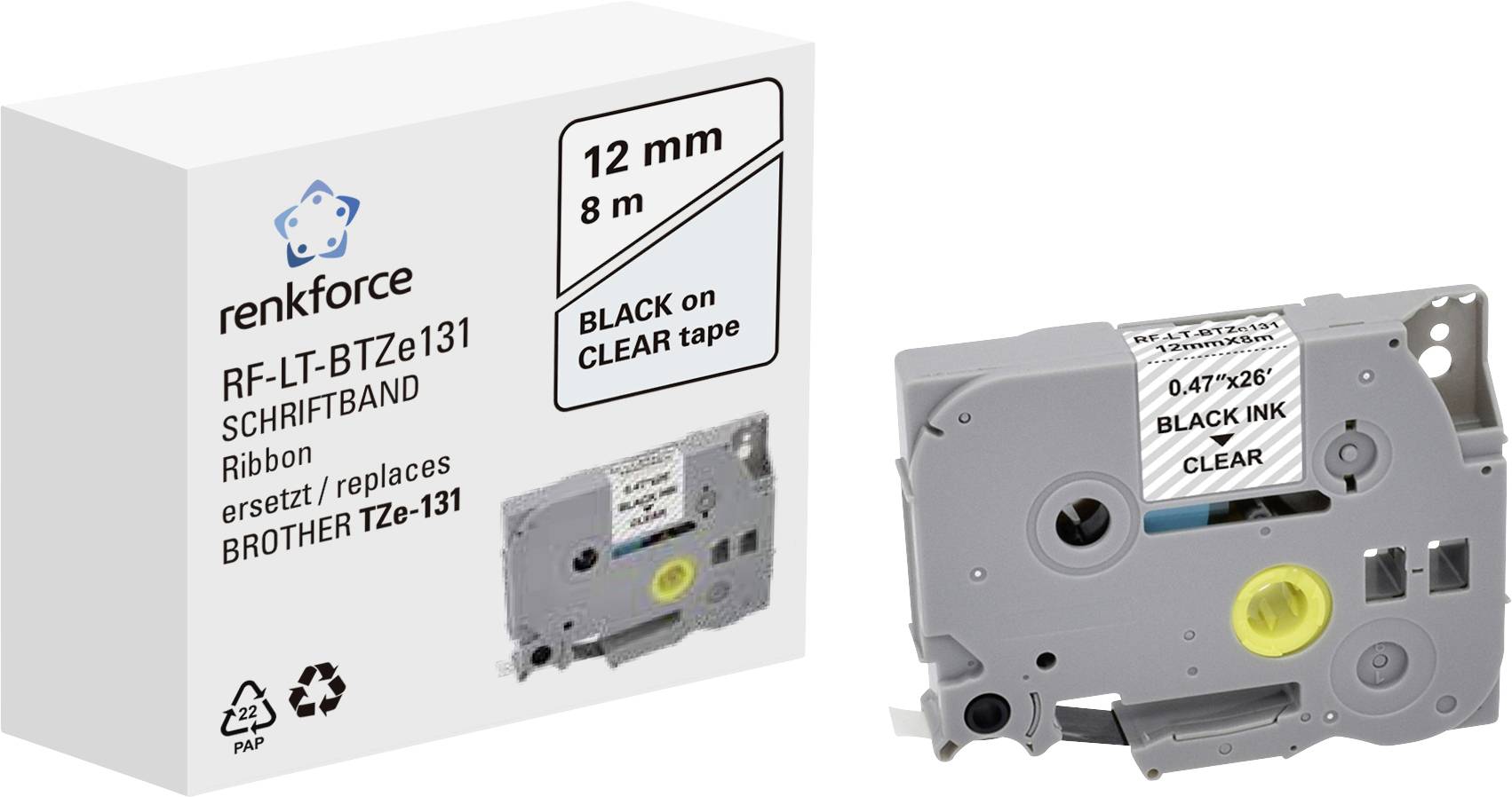 Een verpakking en cassette voor een 12 mm x 8 m labelband. Geschikt voor Brother TZe-131, toont 'Zwart op Transparant' tekst.
