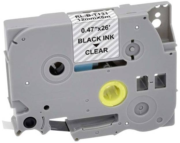 Cassette met etikettenband, opdruk 'RL-B-T131, 12mmx8m, Black Ink, Clear', grijs behuizing, gele en zwarte rollen zichtbaar.