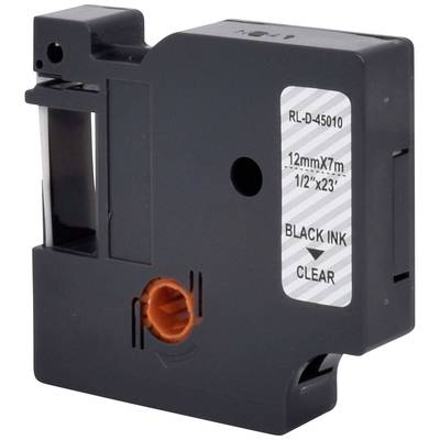 Een zwarte inktlintcassette, gemarkeerd met 'BLACK INK', '12mmX7m', '1/2" x 23"'. Bevat oranje element aan de rand.