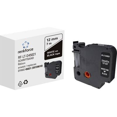 Labelbandje en verpakking van renkforce, model RF-LT-D45021. Vervanging voor DYMO 45021, 12 mm x 7 m, met witte tekst op zwart lint.