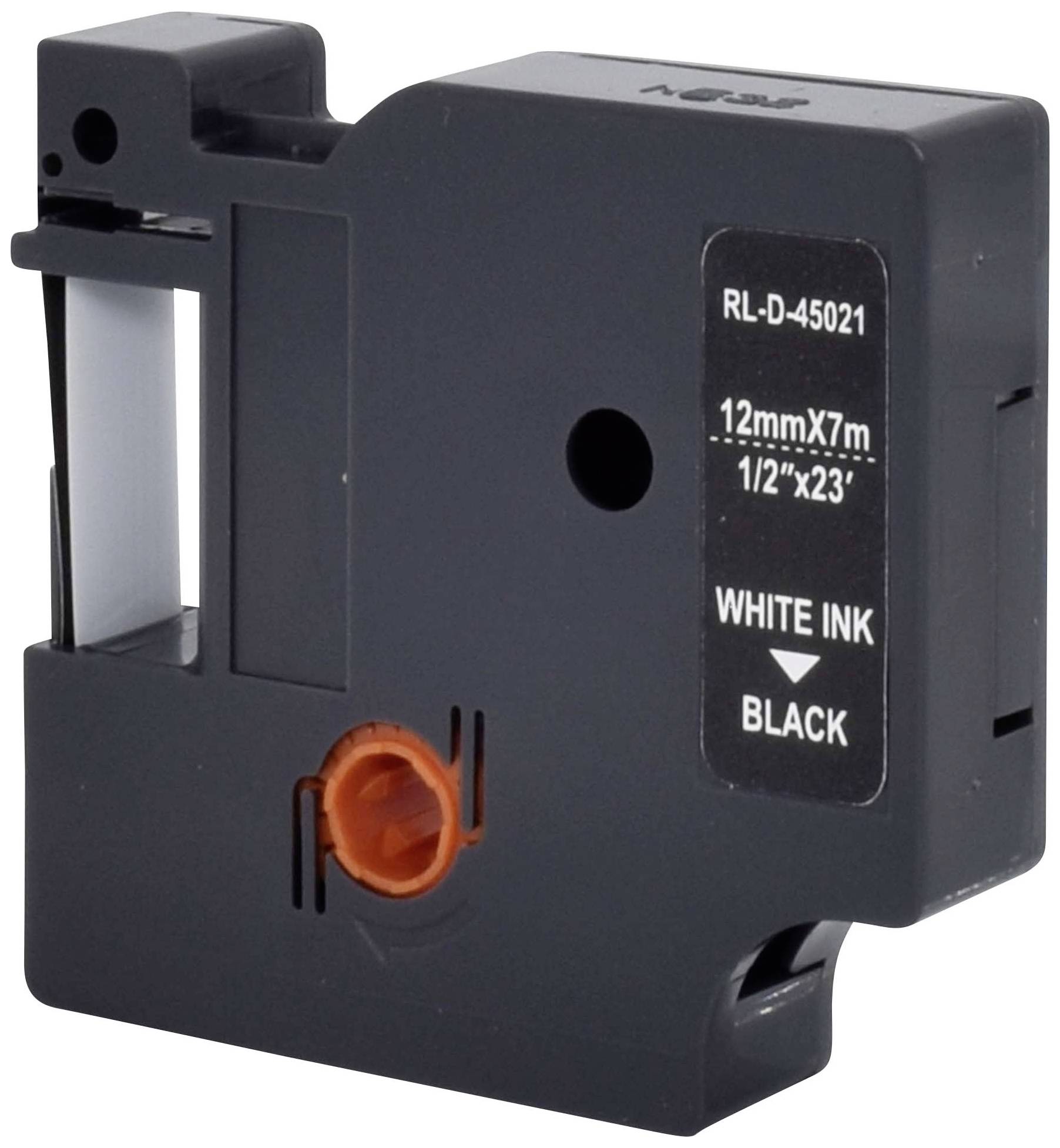 Een zwarte etikettenrol met de tekst 'WHITE INK ON BLACK', modelnummer RL-D-45021, 12mm x 7m.