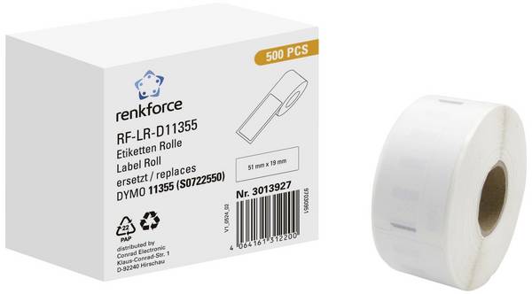 Renkforce Rol met etiketten Compatibel vervangt DYMO DYMO 11355 51 x 19 mm Papier Wit 500 stuk(s) Permanent hechtend Universele etiketten RF-6027854
