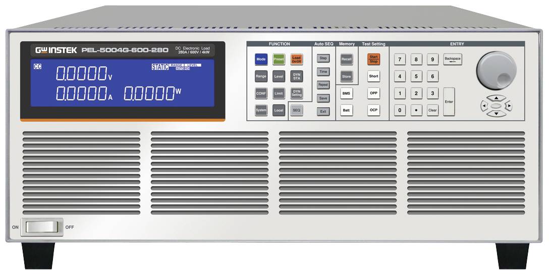 Een elektronisch testapparaat met een groot display toont '00000 W'. Talrijke toetsen en een draaiknop voor bediening.