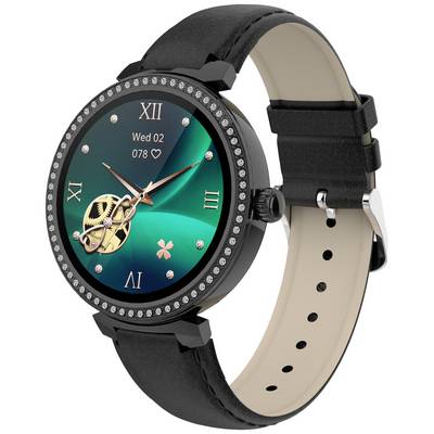 Zwarte smartwatch met leren polsband. Kleurenscherm toont tijd, datum en hartslag. Romeinse cijfers op de uurmarkeringen.