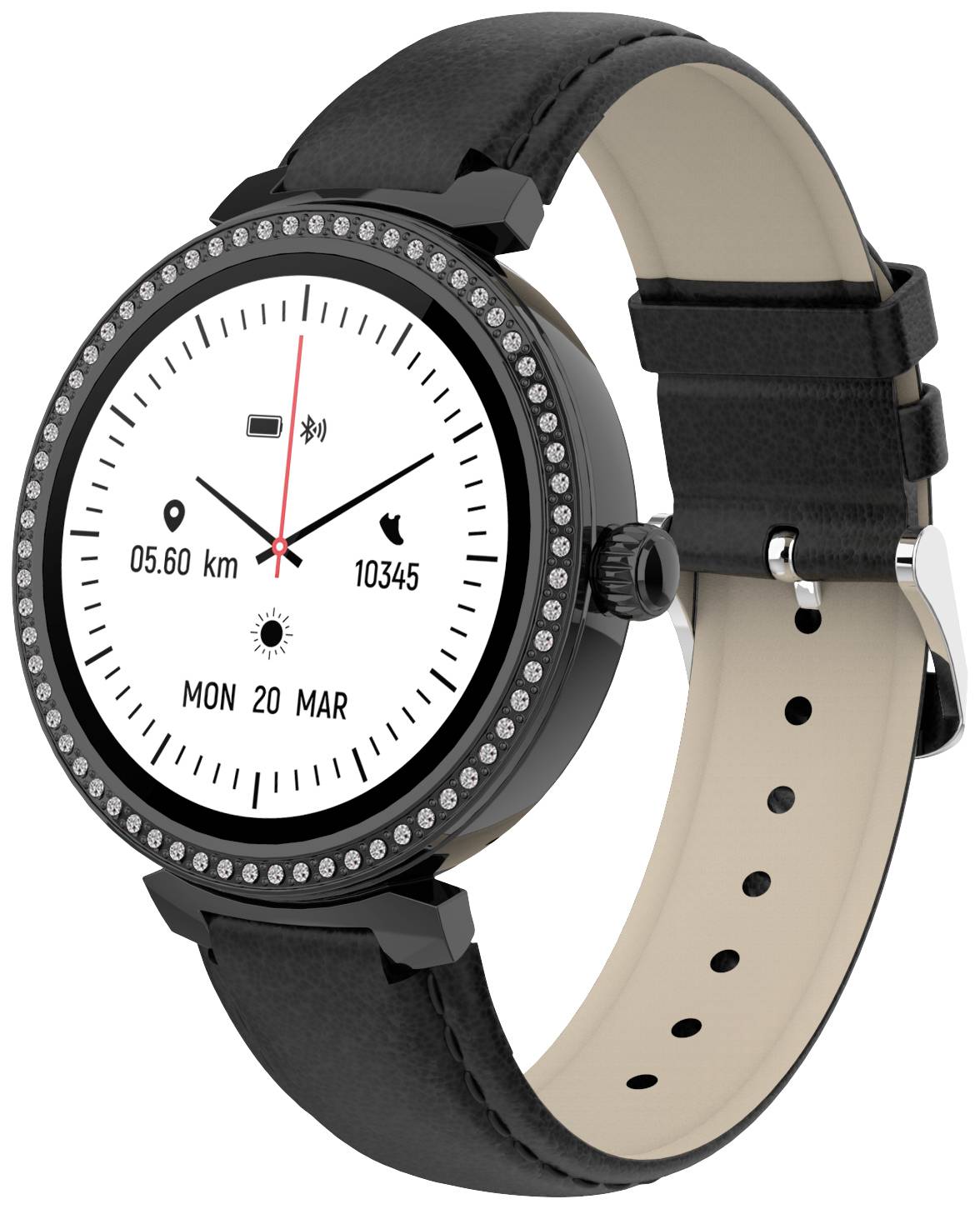 Zwarte smartwatch met rond display, toont stappen, afgelegde afstand in km, datum 'Ma 20 mrt' en batterijindicator.