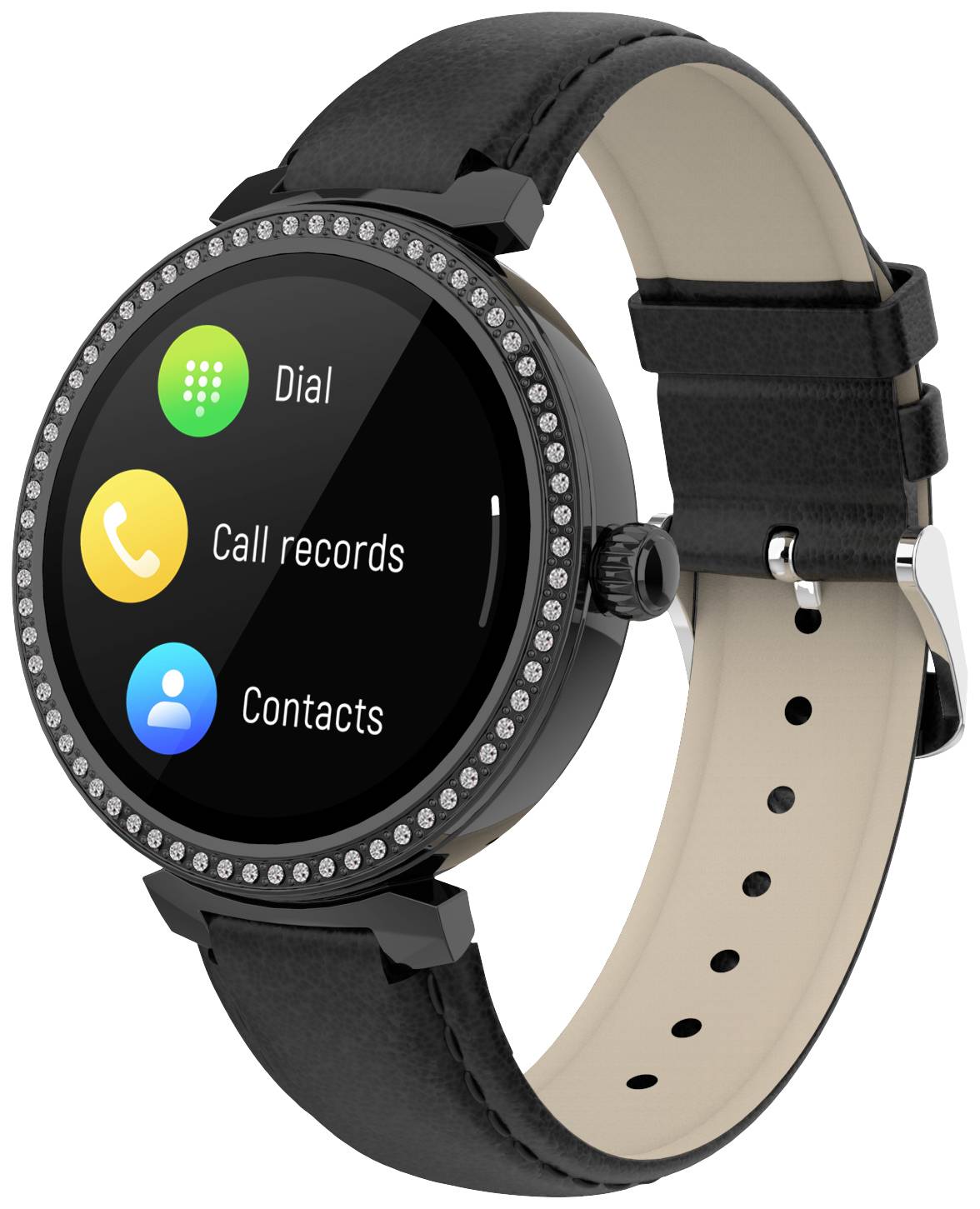 Een smartwatch met een rond display toont de opties 'Kiezen', 'Oproeplijst' en 'Contacten'. De horlogeband is zwart.