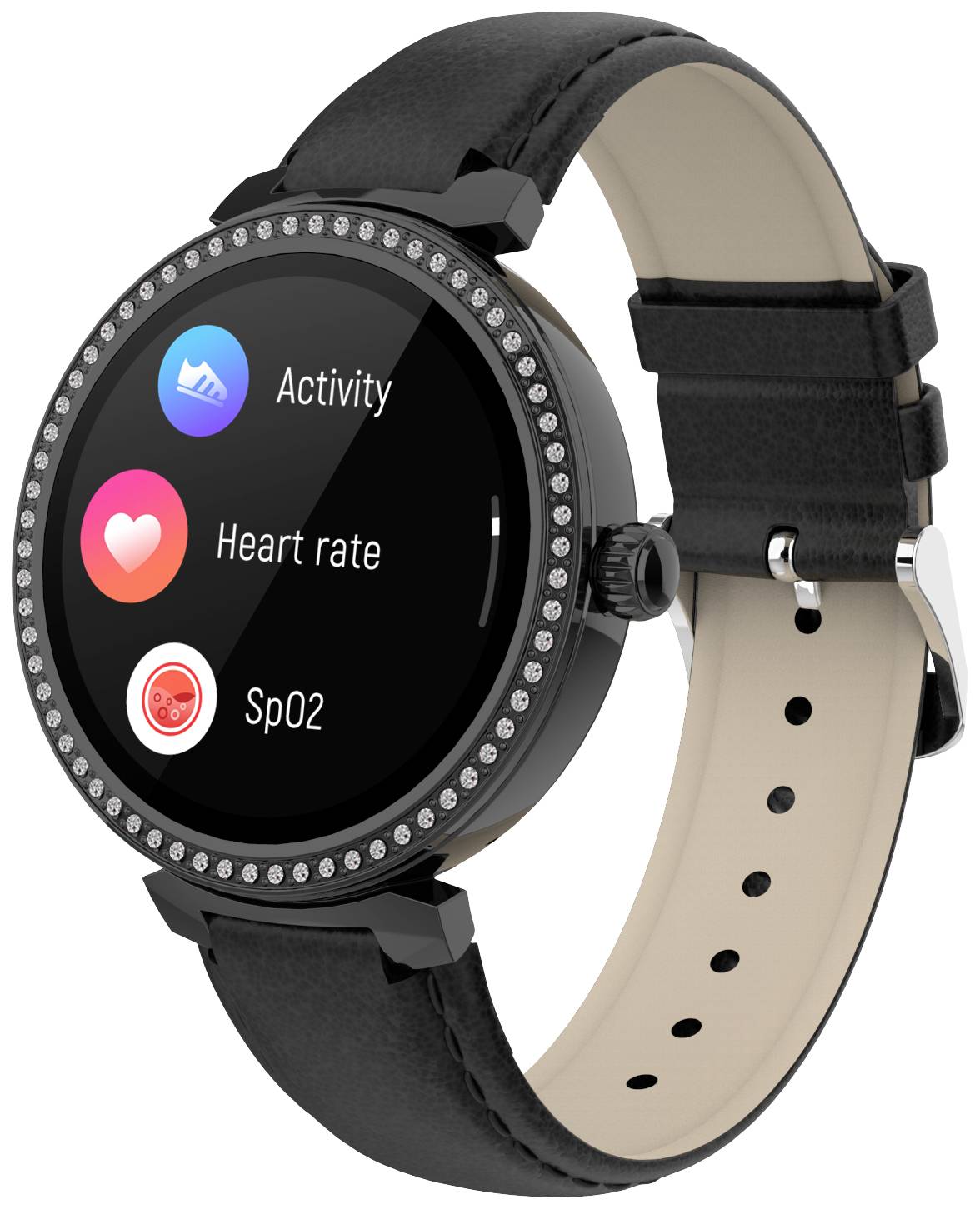 Een smartwatch met een rond display toont symbolen voor activiteit, hartfrequentie en SpO2-meting. Hij heeft een zwarte polsband.