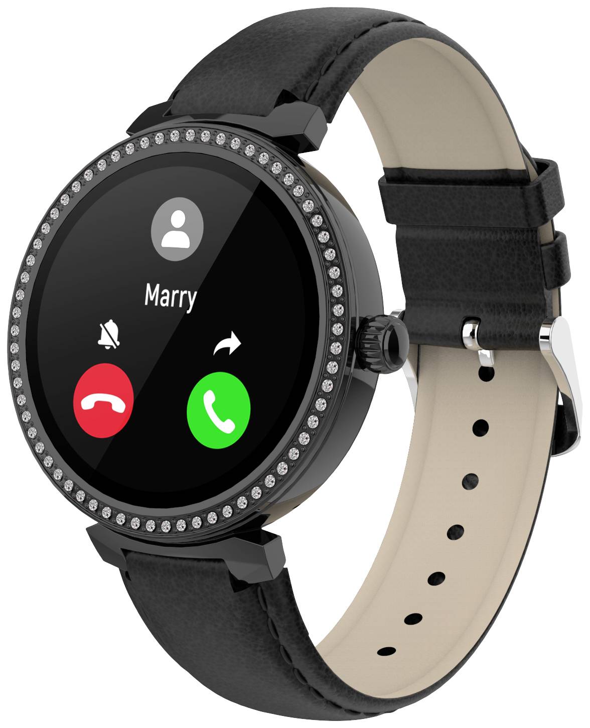 Zwarte smartwatch met een rond display, pictogrammen voor het aannemen en weigeren van oproepen, en een contact met de naam 'Marry' op het scherm.