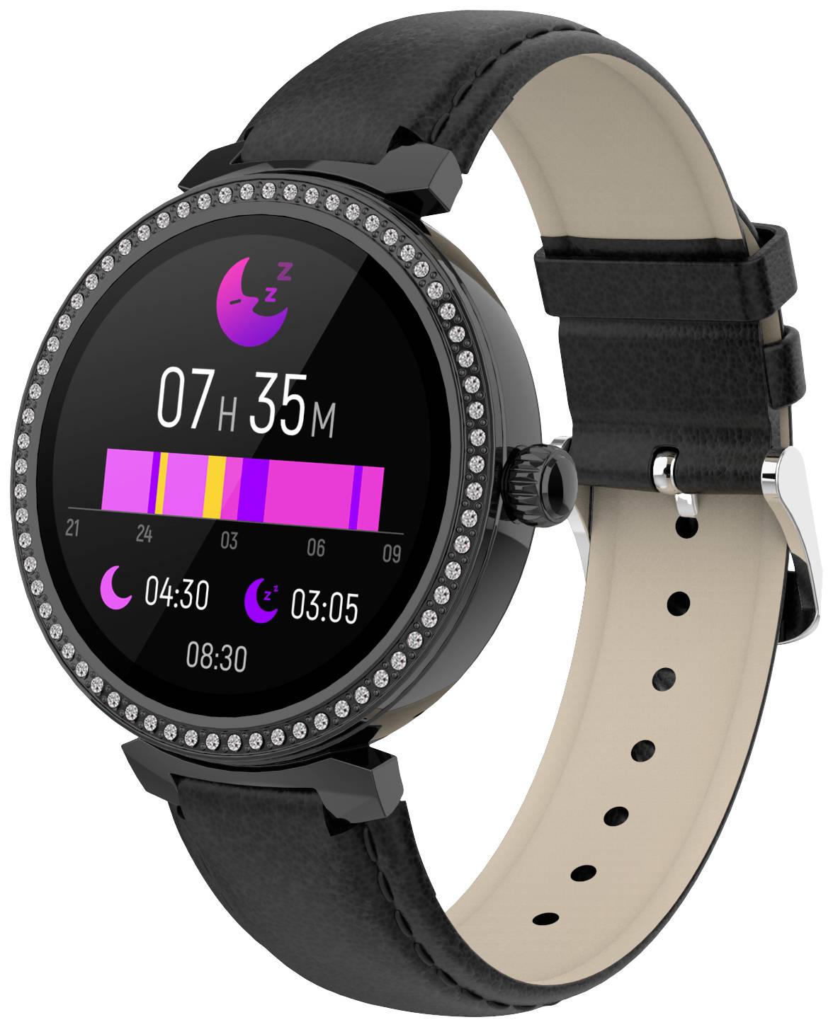 Een elegante smartwatch met een zwart leren bandje toont slaaptijd: 7 uur, 35 minuten. Slaapfasen weergegeven als staafdiagram.