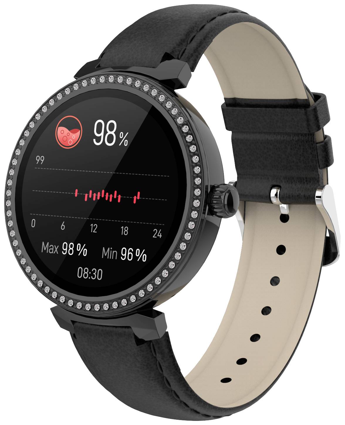 Smartwatch met rond display, toont 98% hartslag en pulserende grafiek, zwarte leren band, zilveren rand.