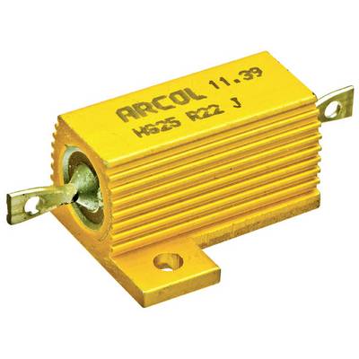 Een gouden, cilindrische weerstand met koelribben en twee aansluitlippen links en rechts. Opschrift: 'ARCOL HSC25 R22 J'.