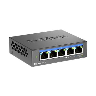 Een zwarte, rechthoekige netwerk-switch van het merk D-Link met vijf Ethernet-poorten aan de voorkant, genummerd 1 tot 5.