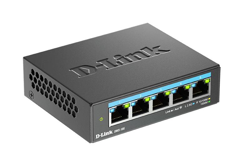 Een zwarte D-Link netwerk-switch met vijf Ethernet-poorten en LED-indicatoren voor verbinding en activiteit.