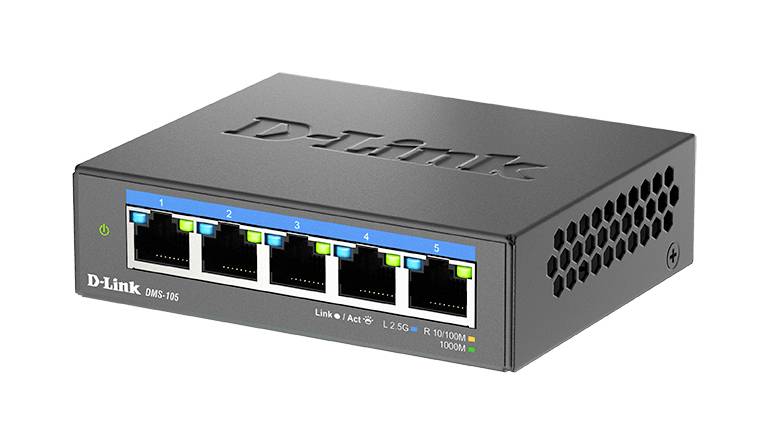 Een zwarte netwerk-switch van D-Link met vijf Ethernet-poorten aan de voorkant, geschikt voor thuis- of kantoornetwerken.