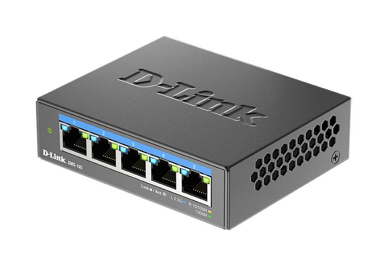 Een zwarte D-Link DGS-105 netwerk-switch met vijf Ethernet-poorten. Aan de voorkant zijn de poorten genummerd van 1 tot 5.