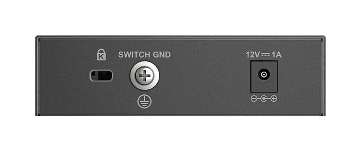 'Achterkant van een elektronisch apparaat met een schakelaar, een aardingsschroef en een voedingsaansluiting van 12V-1A.'