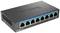 Een zwarte D-Link netwerk-switch met acht Ethernet-poorten, met groene LED-indicatoren, bedoeld voor het verbinden van meerdere apparaten in het netwerk.
