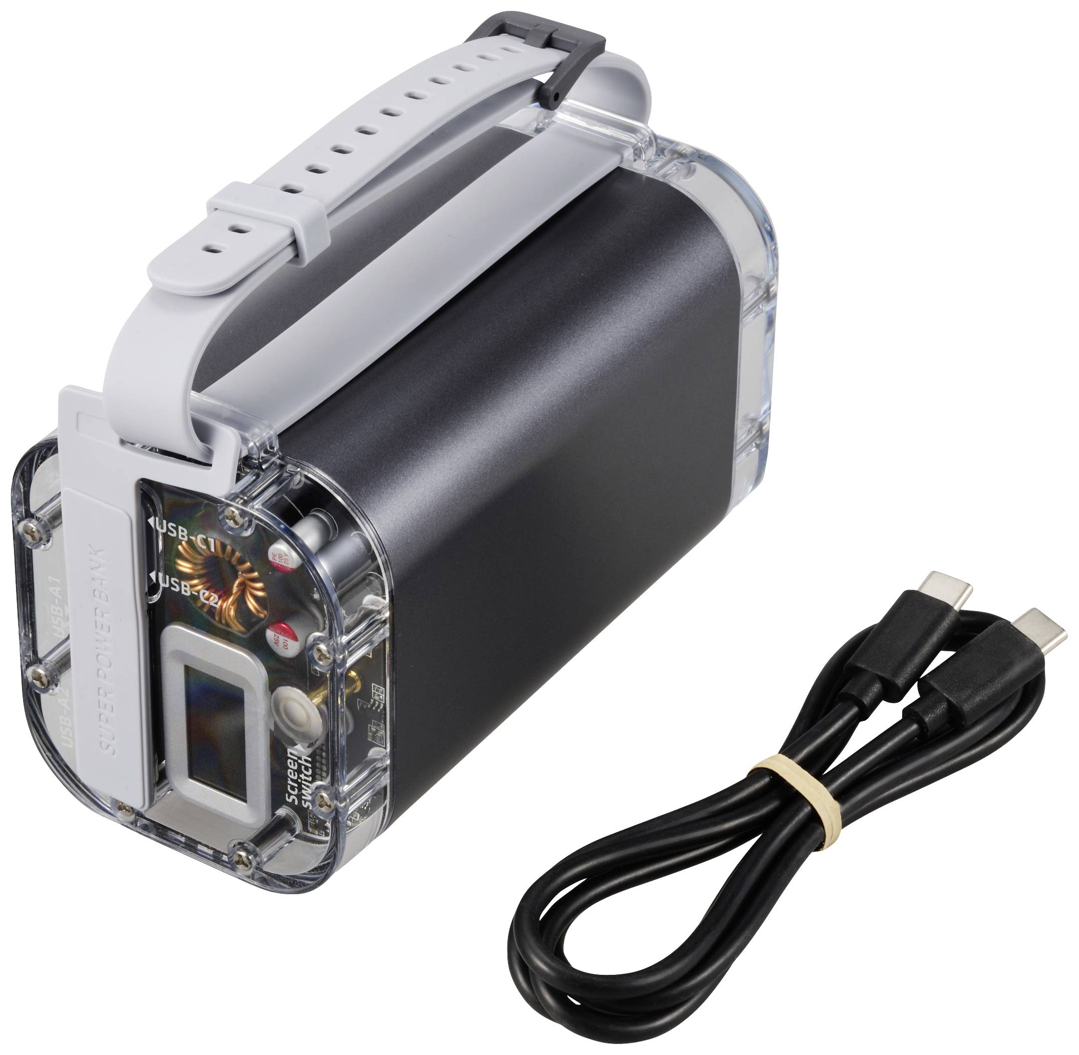 Een draagbare powerbank met handgreep en twee USB-poorten. Ernaast ligt een USB-C-kabel. Geschikt voor het opladen van mobiele apparaten onderweg.
