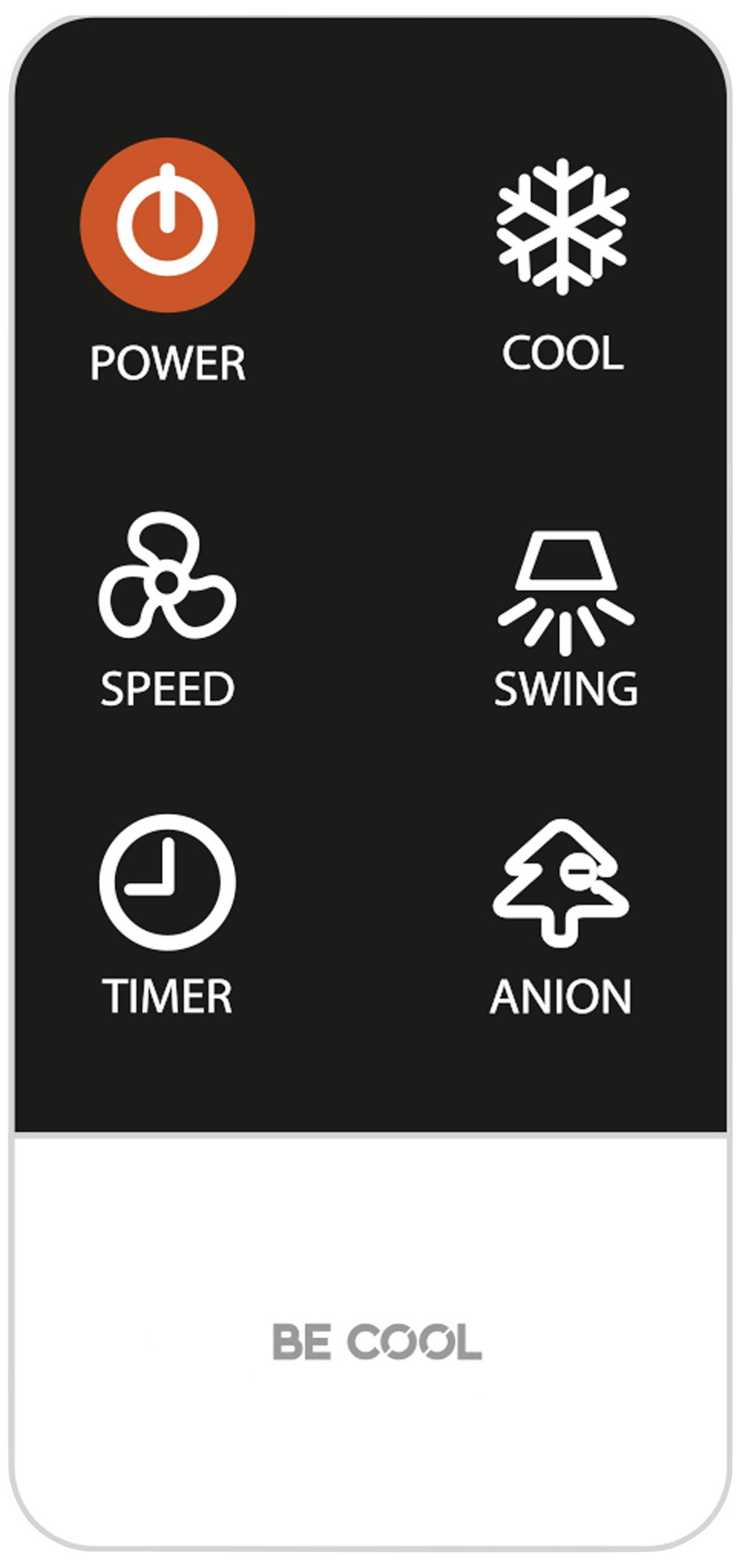 Zwarte afstandsbediening met symbolen: 'POWER' (rood), Sneeuwvlok 'COOL', Ventilator 'SPEED', Luchtstroom 'SWING', Klok 'TIMER', Boom 'ANION'. Onderaan tekst: 'BE COOL'.