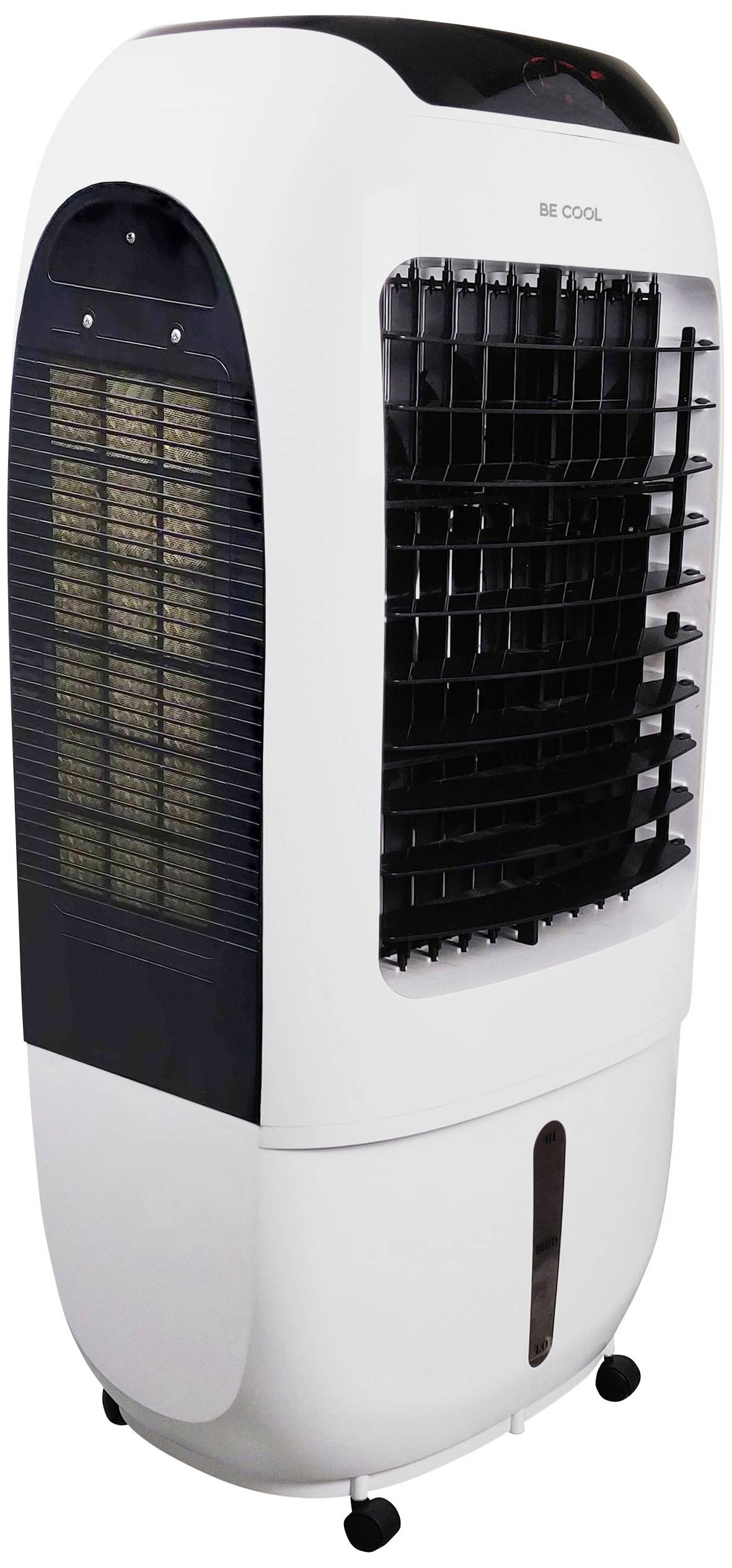 Een mobiele, witte aircooler met zwart rooster aan de voorkant en watertank onderaan. Ideaal voor kleine ruimtes om de lucht te koelen.