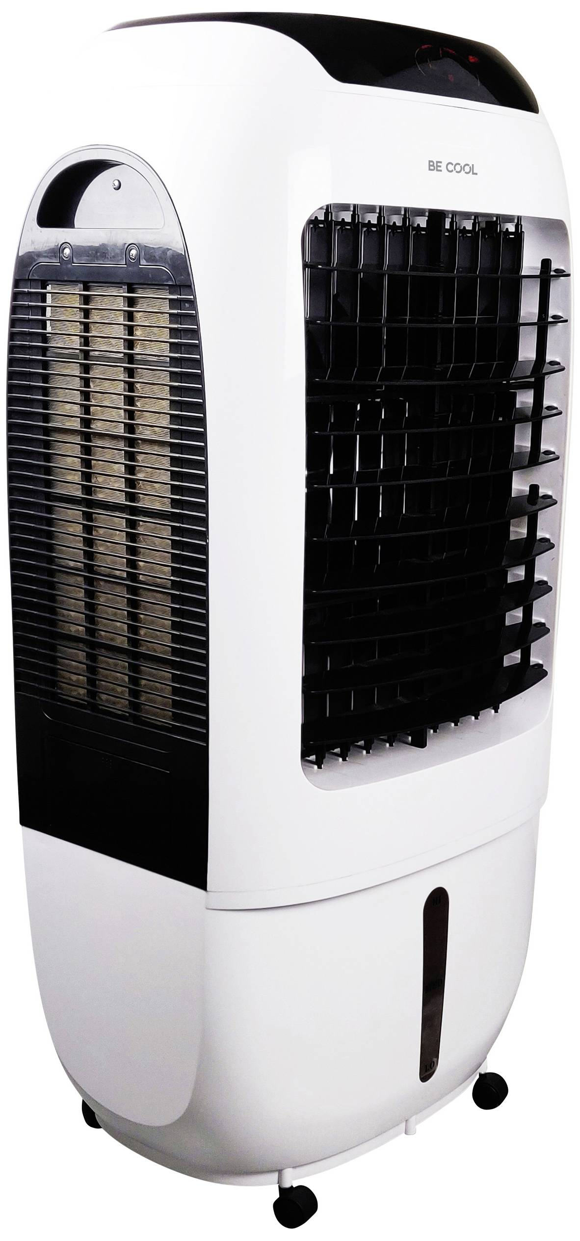 Een vrijstaande witte aircooler met een zwart rooster aan de voorkant, gemonteerd op wielen voor gemakkelijke verplaatsing.