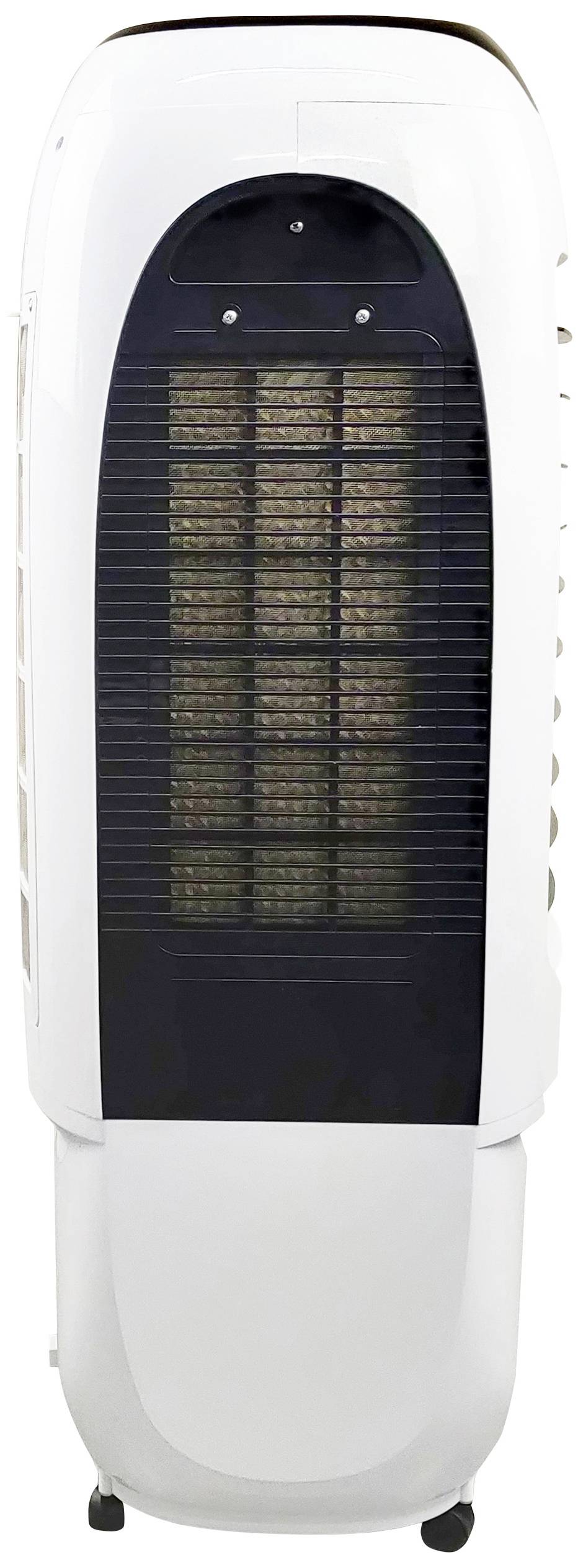 Een staande luchtkoelapparaat met wielen, zwarte voorkant en zichtbaar ventilatierooster, geschikt voor mobiele ruimtekoeling.