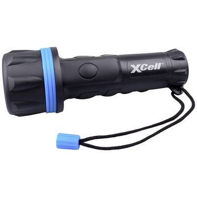 Een zwarte zaklamp met blauwe accenten en polsband; merk 'XCell'.