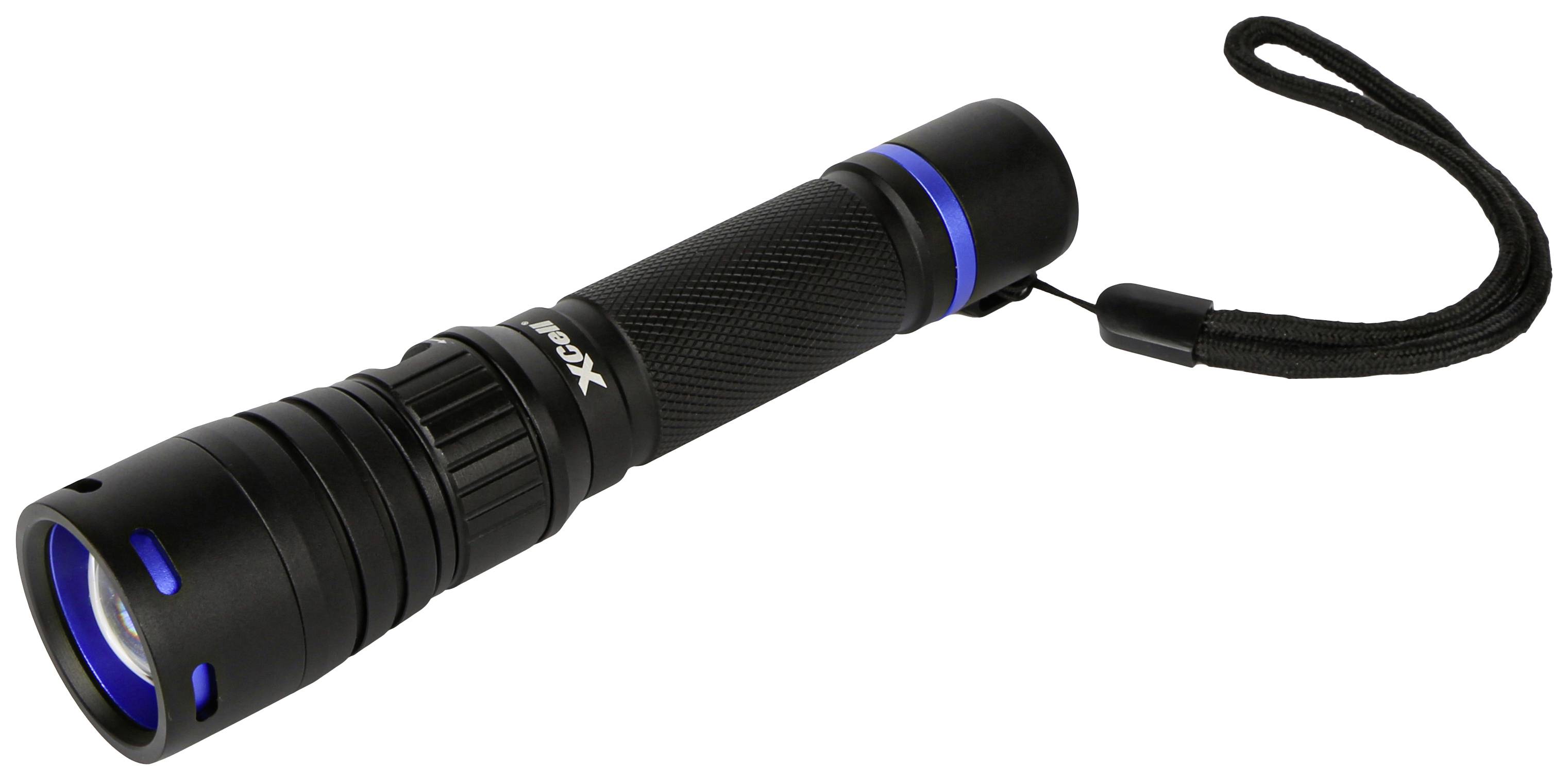 Zwarte zaklamp met blauwe rand aan de handgreep en polsband, op witte achtergrond.