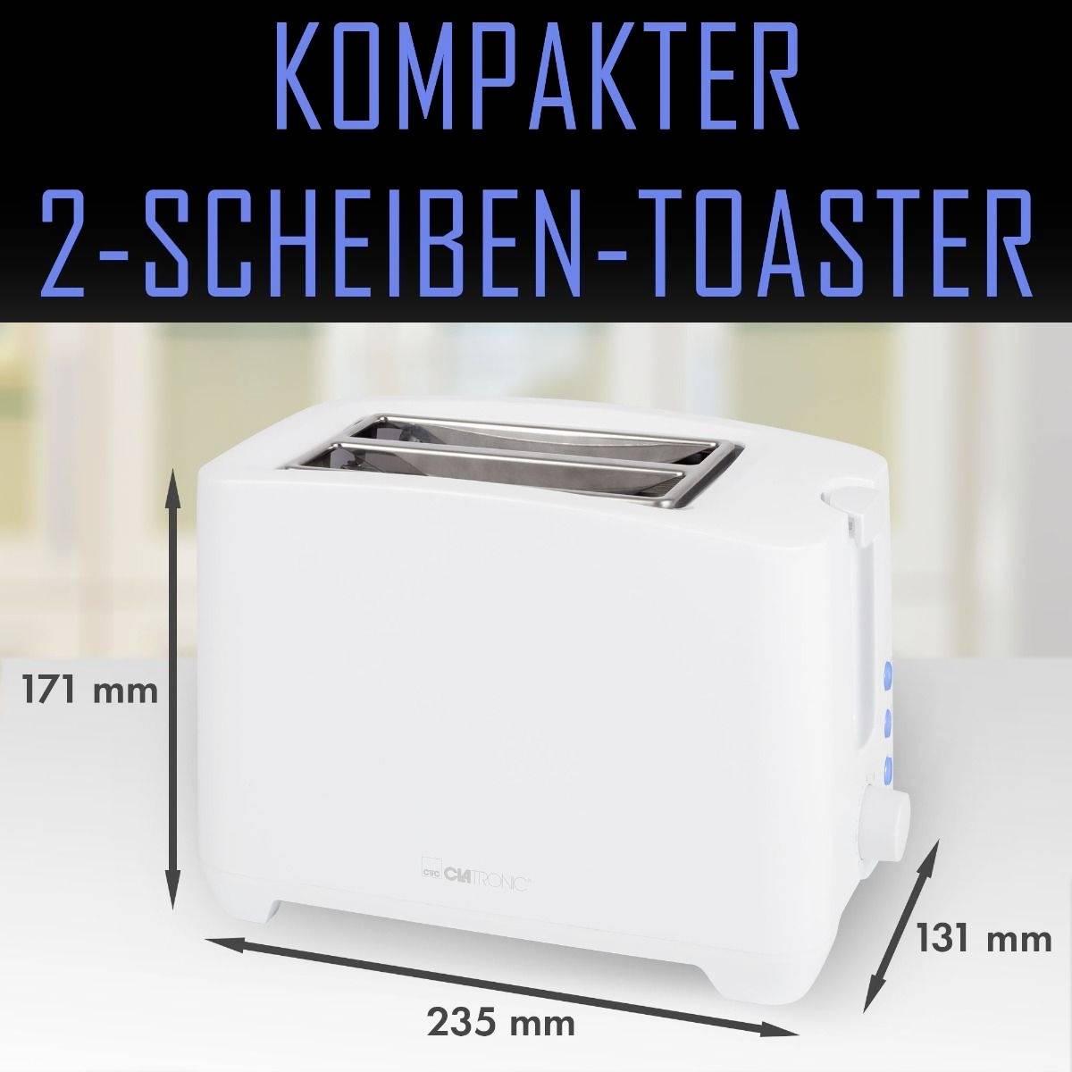 Een compacte witte broodrooster voor twee plakjes, met de afmetingen 171 mm (hoogte), 235 mm (breedte) en 131 mm (diepte).