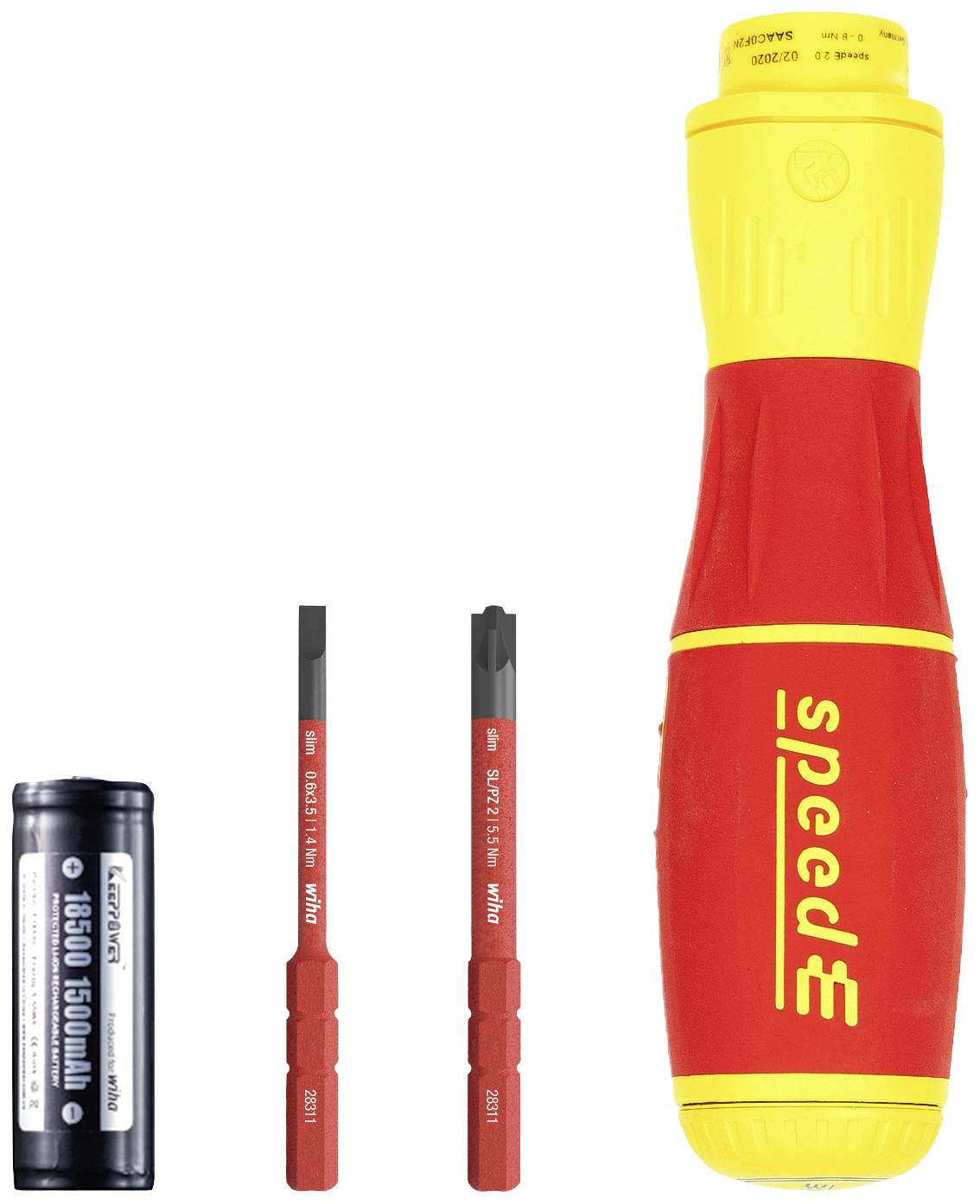Schroevendraaier-set met geel-rode schroevendraaier, twee rode bits en een zwarte batterij; accu-aangedreven voor draadloos werken.