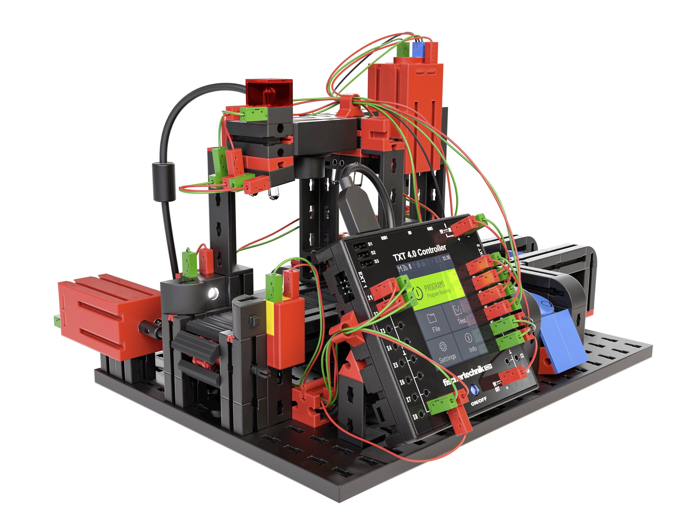 Een technisch model met rode en zwarte componenten, draden en een digitale controller. Het toont de werking van elektronische schakelingen.