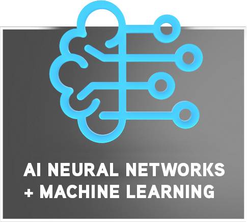 Blauw neuraal netwerk-symbool op grijze achtergrond. Daaronder tekst: 'AI Neurale Netwerken + Machine Learning'.